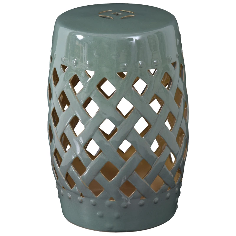 Outsunny 13" x 18" Ceramic Garden Stool with Woven Lattice Design & Glazed Strong Materials Decorative Outdoor Stool, Green