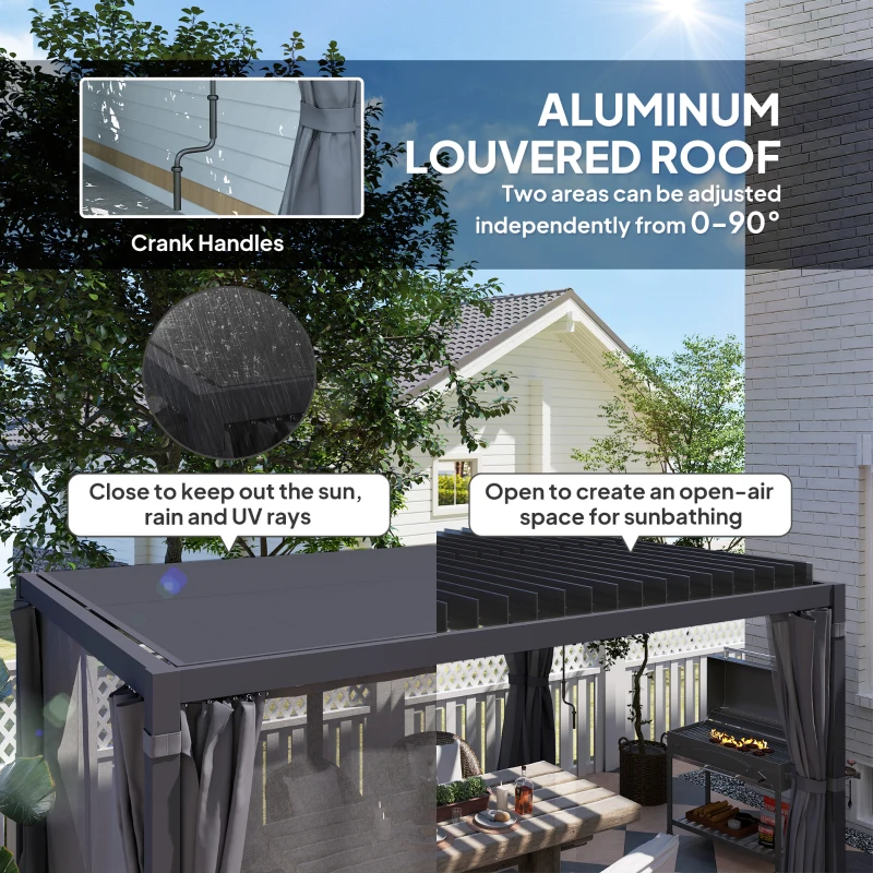 Outsunny 10' x 13' Outdoor Retractable Pergola w/ Sun Shade Louvered Top, Pergola w/ Canopy, Curtains, Netting, Dark Gray