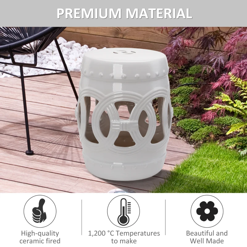 Outsunny 14" x 17" Ceramic Garden Stool with Double-Coin Knotted Ring Design & Strong Glazed Material, Decorative Outdoor Stool, Home Collection, White