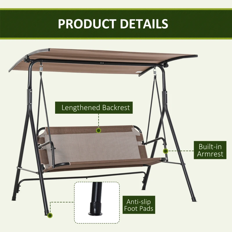 Outsunny 2-Seater Patio Swing Chair, Outdoor Adjustable Canopy Porch Swing with Armrests, Texeline Fabric and Steel Frame, Brown