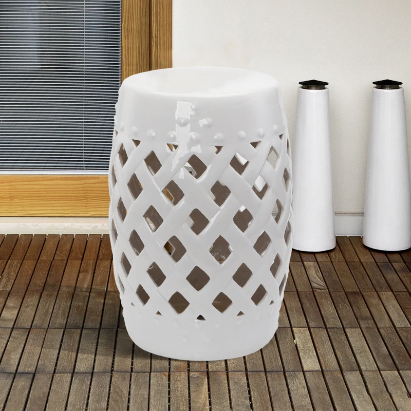 Outsunny 18" Ceramic Garden Stool with Woven Lattice Design, Indoor & Outdoor Decorative Accent Stool, White