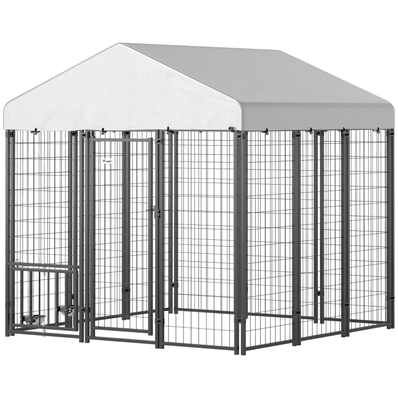 PawHut Outdoor Dog Kennel with Waterproof UV-Resistant Cover, Rotating & 4-Level Adjustable Feeding Bowls, 6 x 6 x 6 ft