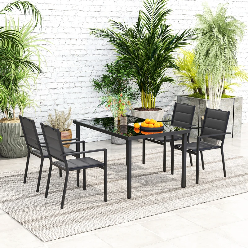 Outsunny 5 Piece Outdoor Dining Set w/ 4 Stackable Chairs, Rectangle Table, Tempered Glass Top, Steel Frame, Black