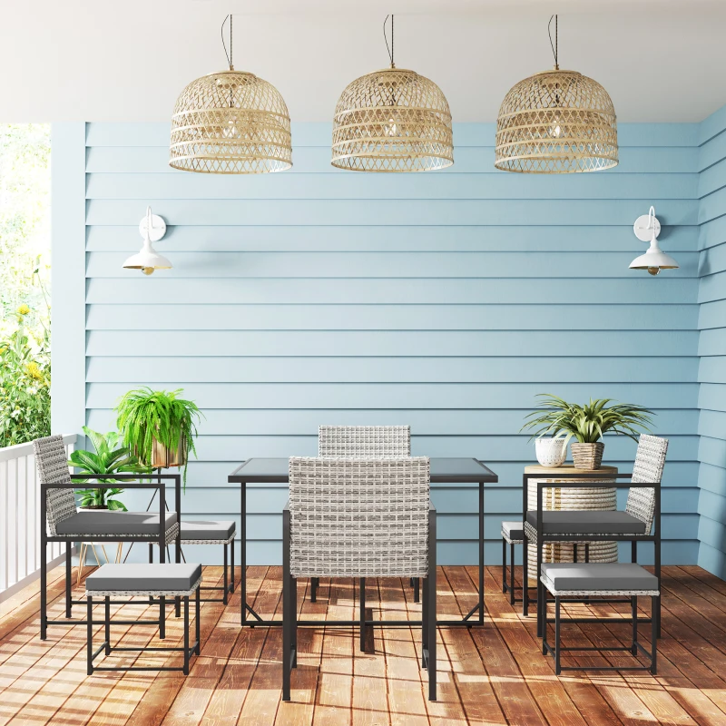 Outsunny 9 Pieces Wicker Patio Dining Set with 4 Armchairs, 4 Stools, Tempered Glass Top, Removable Cushions, Light Grey