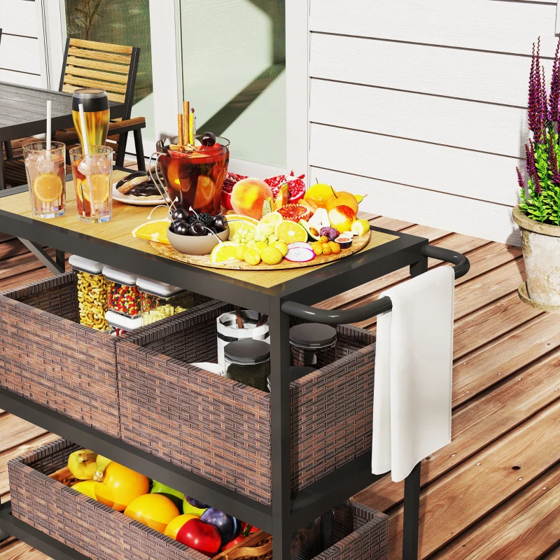 Outsunny Outdoor Bar Cart with Side Handle, 3-Tier Rolling Cart on Wheels with Removable Rattan Basket, Mixed-Brown