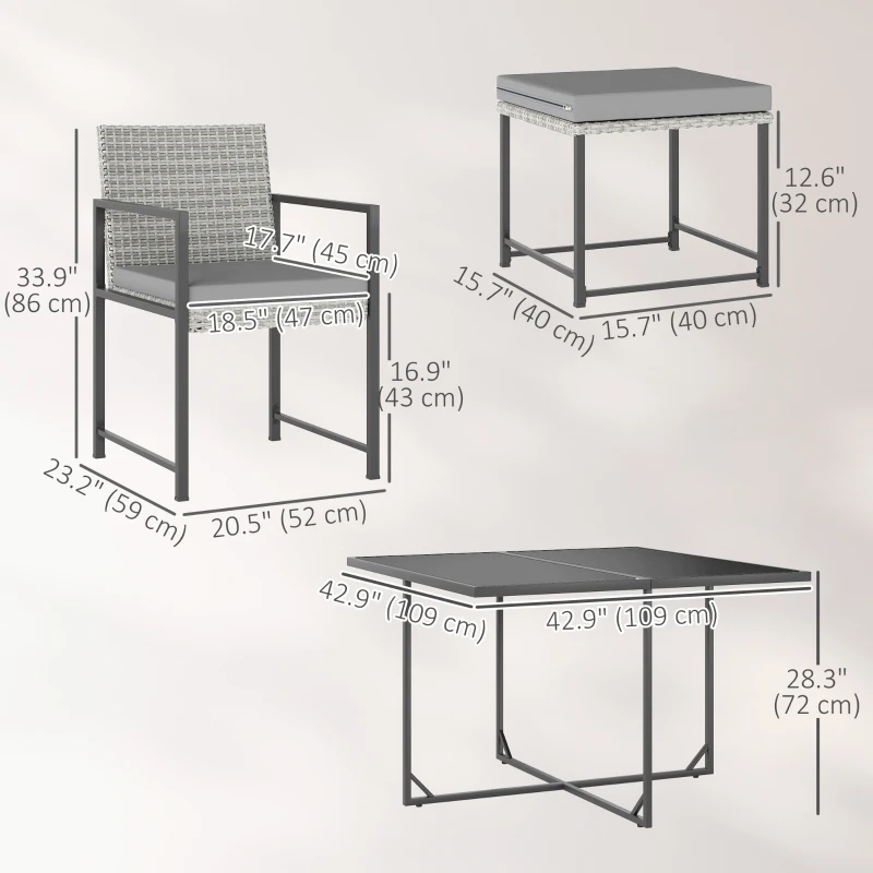 Outsunny 9 Pieces Wicker Patio Dining Set with 4 Armchairs, 4 Stools, Tempered Glass Top, Removable Cushions, Light Grey