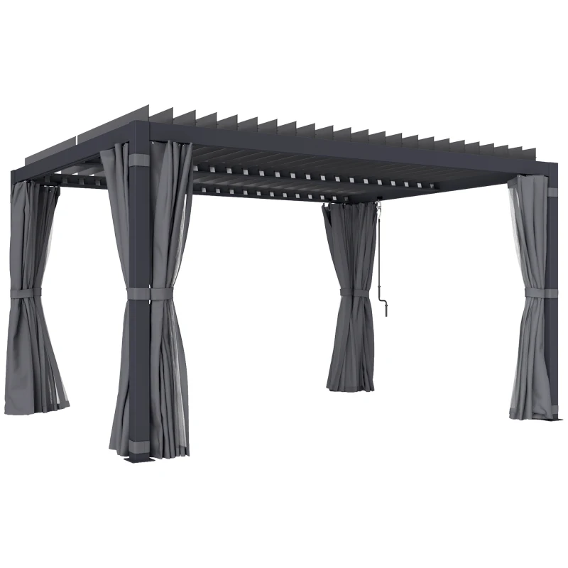 Outsunny 10' x 13' Outdoor Retractable Pergola w/ Sun Shade Louvered Top, Pergola w/ Canopy, Curtains, Netting, Dark Gray