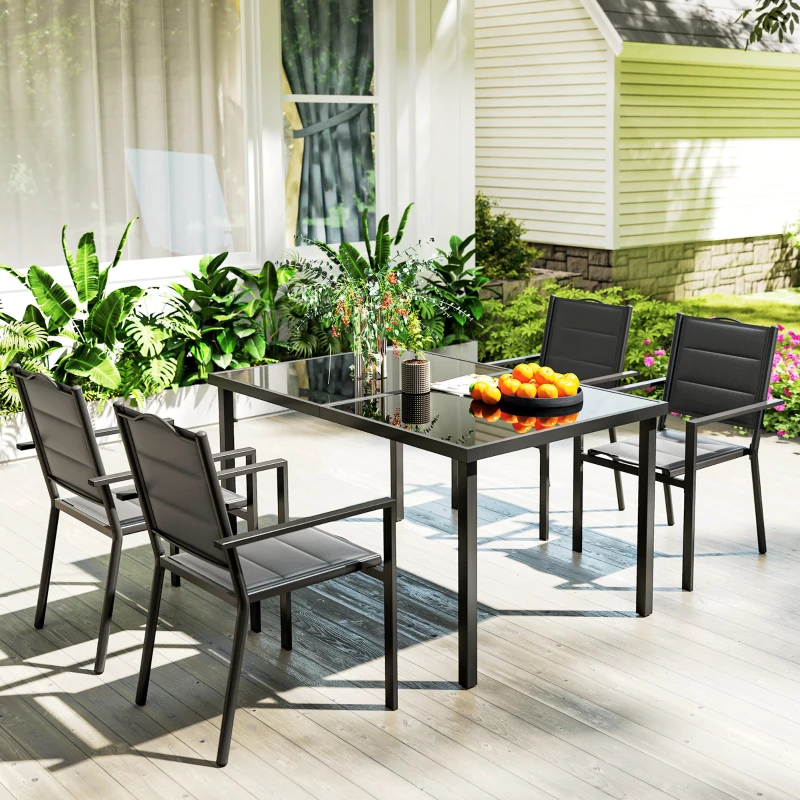 Outsunny 5 Piece Outdoor Dining Set w/ 4 Stackable Chairs, Rectangle Table, Tempered Glass Top, Steel Frame, Black