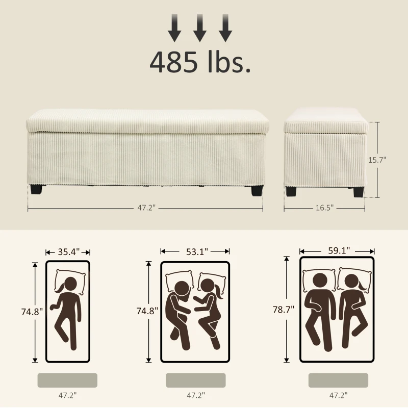 HOMCOM 47 Inches Storage Ottoman Bench, Foot Rest with Legs, End of Bed Bench, Corduroy Storage Chest for Living Room, Beige