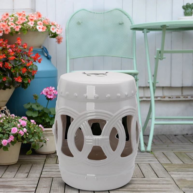 Outsunny 14" x 17" Ceramic Garden Stool with Double-Coin Knotted Ring Design & Strong Glazed Material, Decorative Outdoor Stool, Home Collection, White