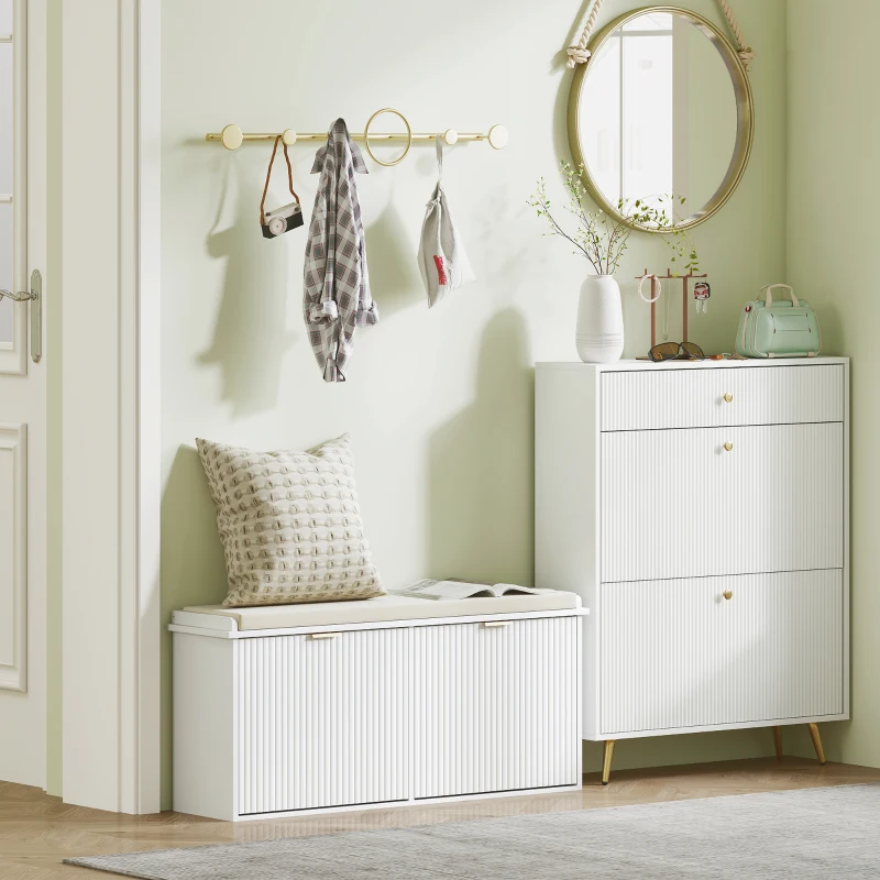 HOMCOM Shoe Storage Bench with Padded Seat Cushion and Flip-Drawer, Entryway Bench, Shoe Cabinet, 40.9x10.2x18.7 Inches, White