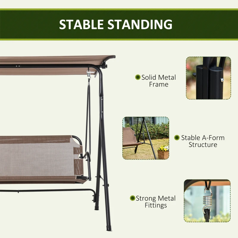 Outsunny 2-Seater Patio Swing Chair, Outdoor Adjustable Canopy Porch Swing with Armrests, Texeline Fabric and Steel Frame, Brown