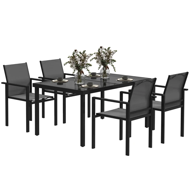 Outsunny 5 Piece Patio Dining Set with 4 Stackable Chairs, Tempered Glass Top, Rust-Resistant Metal Frame