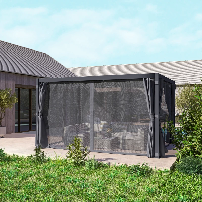 Outsunny 10' x 13' Outdoor Retractable Pergola w/ Sun Shade Louvered Top, Pergola w/ Canopy, Curtains, Netting, Dark Gray