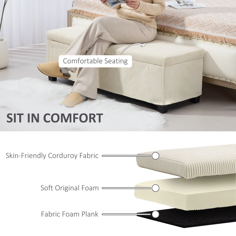HOMCOM 47 Inches Storage Ottoman Bench, Foot Rest with Legs, End of Bed Bench, Corduroy Storage Chest for Living Room, Beige
