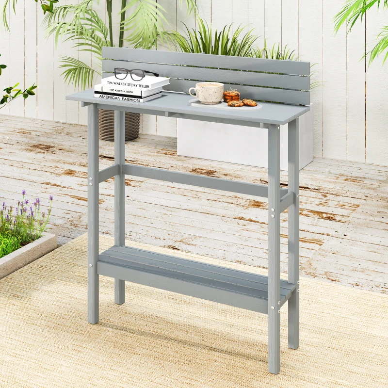 Outsunny 110cm Rectangle Outdoor Bar Table with Built-in Footrest, Slatted Top, Grey
