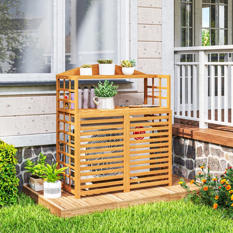Outsunny Outdoor Air Conditioner Fence Privacy Screen, Wood AC Fence Potting Table with Shelves for Patio, Light Brown