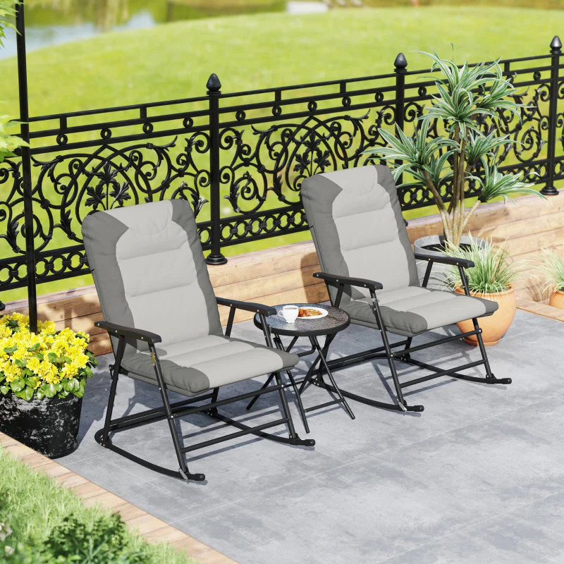 Outsunny 3-Piece Outdoor Foldable Rocking Chair Set, Light Grey
