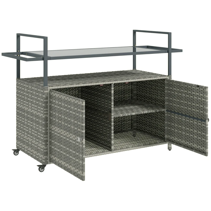 Outsunny 2-Tier Shelf PE Rattan Outdoor Bar Table, Glass Top Outdoor Serving Cart with Cabinet, Mixed Gray