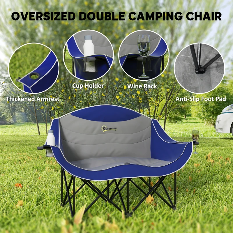 Outsunny Padded Folding Camp Chair for Adults, Double Camping Chair with Armrests, Cup Holders, Carry Bag for Outdoor, Blue