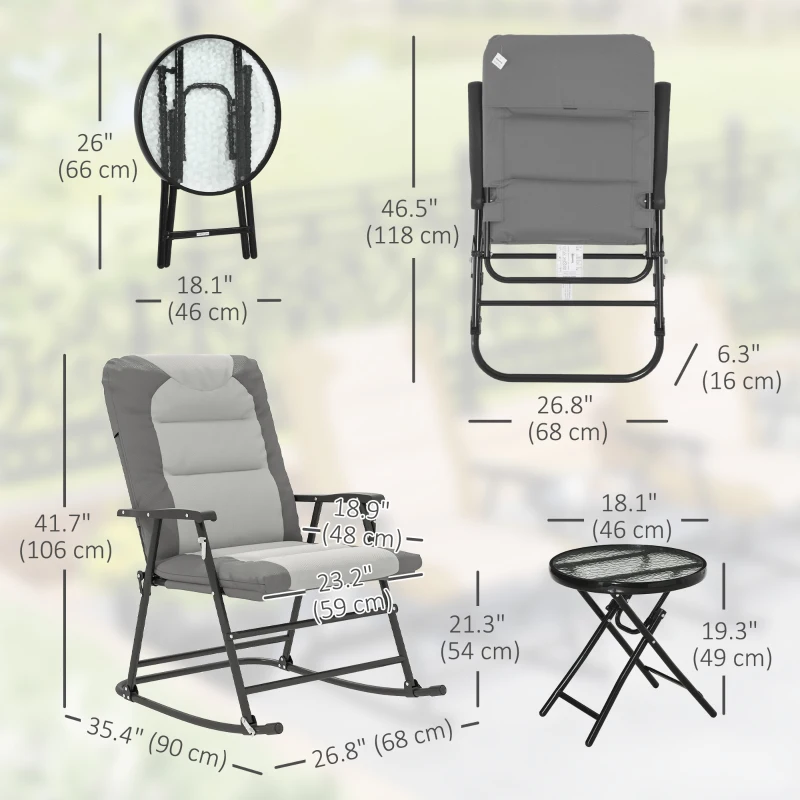 Outsunny 3-Piece Outdoor Foldable Rocking Chair Set, Light Grey
