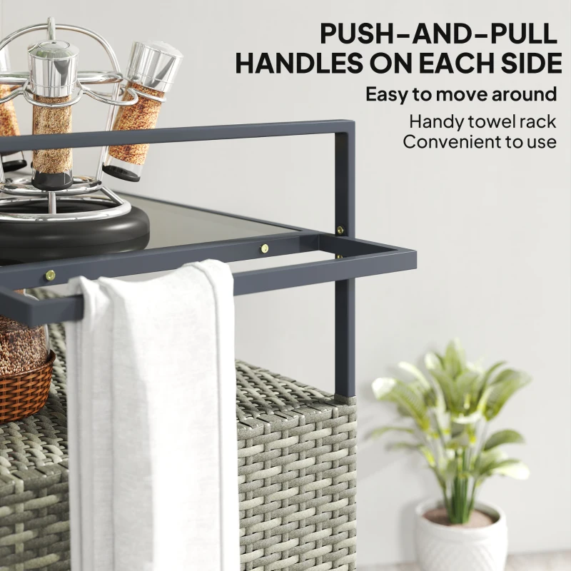Outsunny 2-Tier Shelf PE Rattan Outdoor Bar Table, Glass Top Outdoor Serving Cart with Cabinet, Mixed Gray