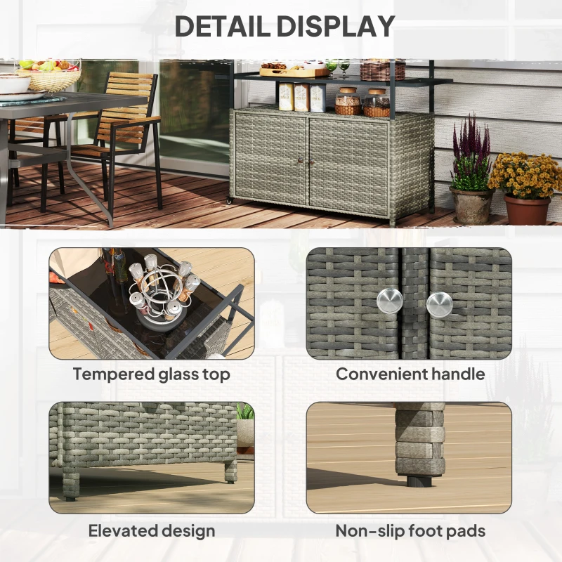 Outsunny 2-Tier Shelf PE Rattan Outdoor Bar Table, Glass Top Outdoor Serving Cart with Cabinet, Mixed Gray