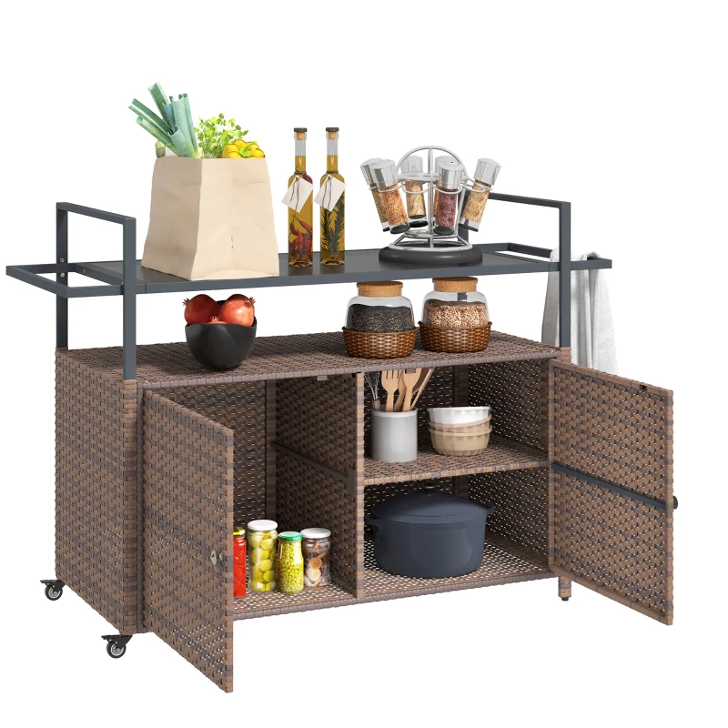 Outsunny 2-Tier Shelf PE Rattan Outdoor Bar Table, Glass Top Outdoor Serving Cart with Cabinet, Mixed Brown