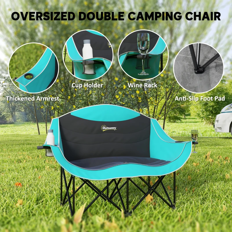 Outsunny Padded Folding Camp Chair for Adults, Double Camping Chair with Armrests, Cup Holders, Carry Bag for Outdoor, Green