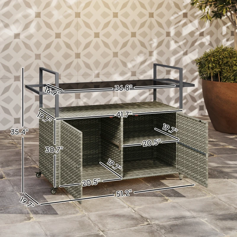Outsunny 2-Tier Shelf PE Rattan Outdoor Bar Table, Glass Top Outdoor Serving Cart with Cabinet, Mixed Gray