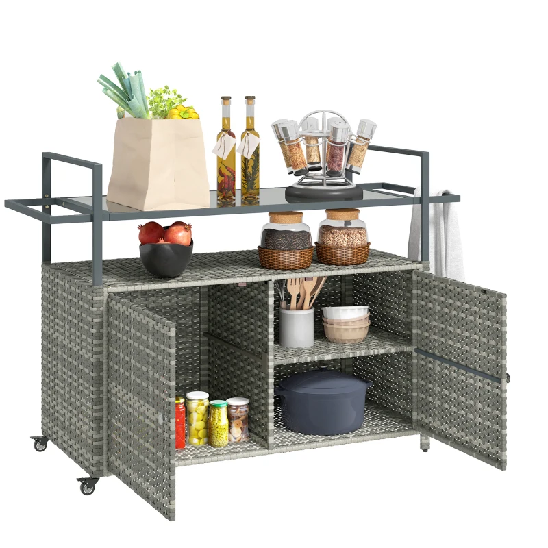 Outsunny 2-Tier Shelf PE Rattan Outdoor Bar Table, Glass Top Outdoor Serving Cart with Cabinet, Mixed Gray