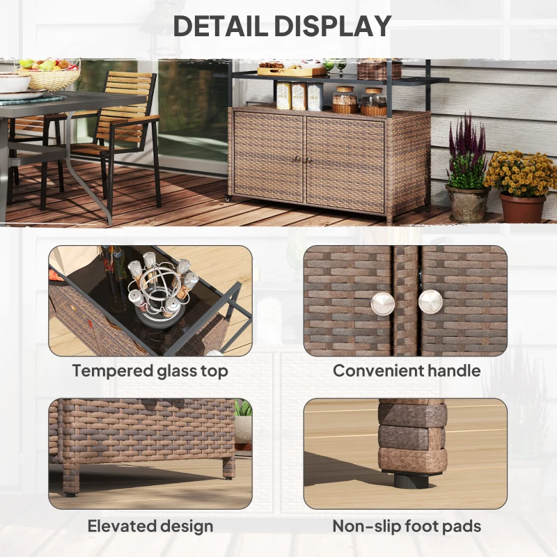 Outsunny 2-Tier Shelf PE Rattan Outdoor Bar Table, Glass Top Outdoor Serving Cart with Cabinet, Mixed Brown