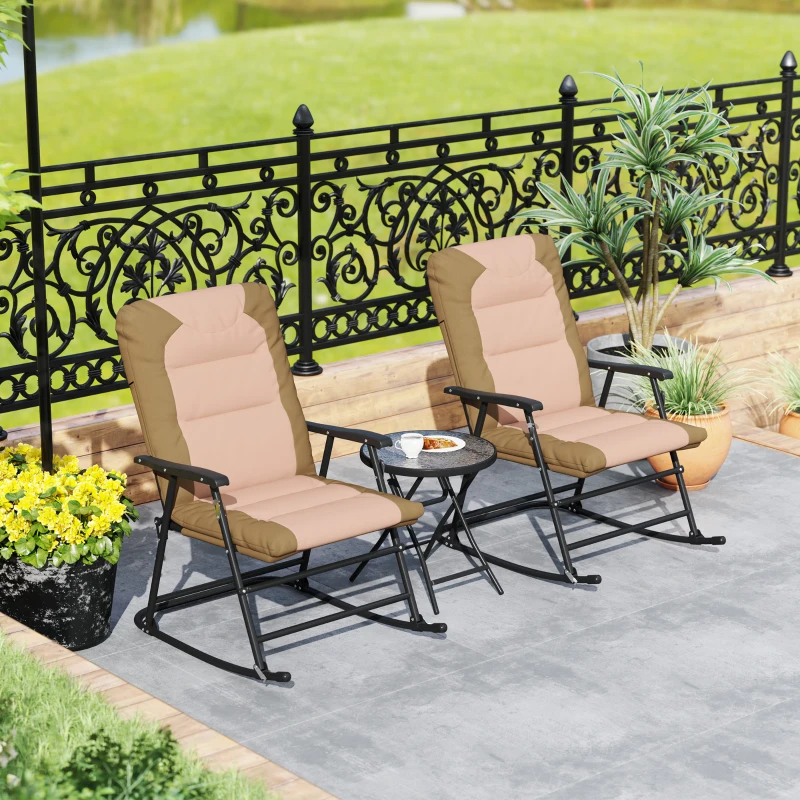 Outsunny 3-Piece Outdoor Foldable Rocking Chair Set, Light Brown