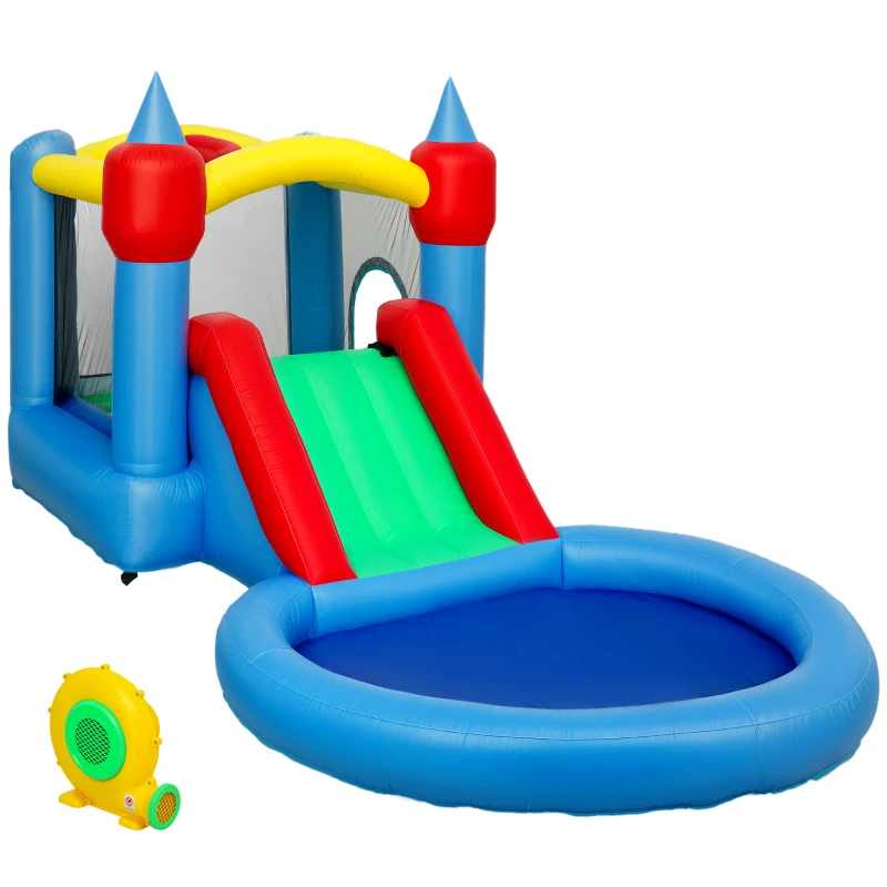 Qaba 4 in 1 Inflatable Bounce House with Slide, Basketball Hoop, Ball Pit, 370W Blower, Storage Bag, 163" x 81" x 75"