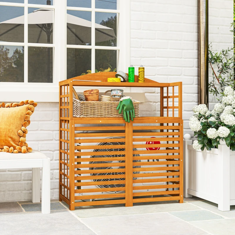 Outsunny Outdoor Air Conditioner Fence Privacy Screen, Wood AC Fence Potting Table with Shelves for Patio, Light Brown