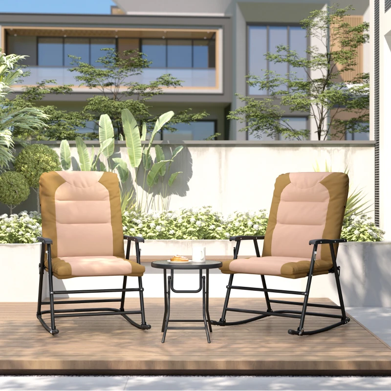 Outsunny 3-Piece Outdoor Foldable Rocking Chair Set, Light Brown