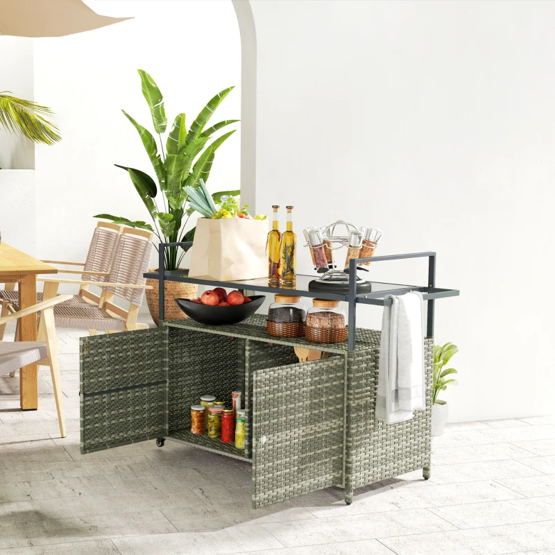 Outsunny 2-Tier Shelf PE Rattan Outdoor Bar Table, Glass Top Outdoor Serving Cart with Cabinet, Mixed Gray