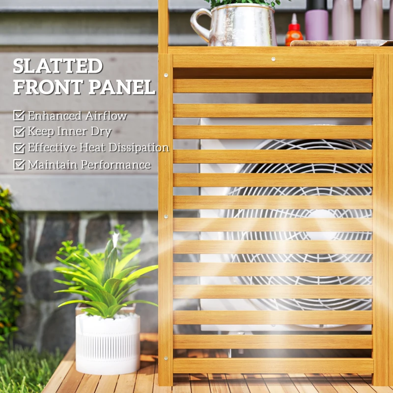 Outsunny Outdoor Air Conditioner Fence Privacy Screen, Wood AC Fence Potting Table with Shelves for Patio, Light Brown