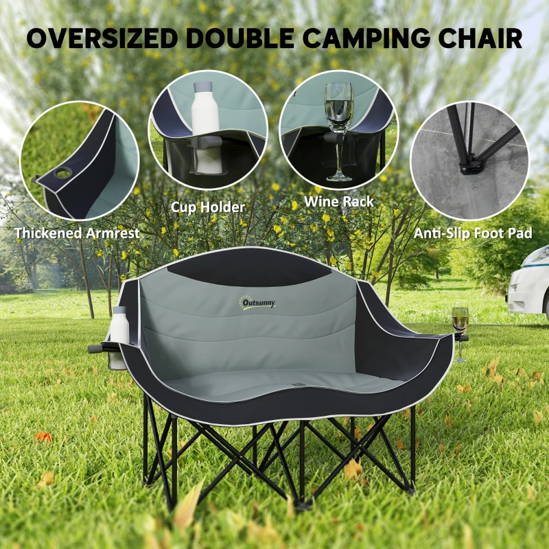 Outsunny Padded Folding Camp Chair for Adults, Double Camping Chair with Armrests, Cup Holders, Carry Bag for Outdoor, Black