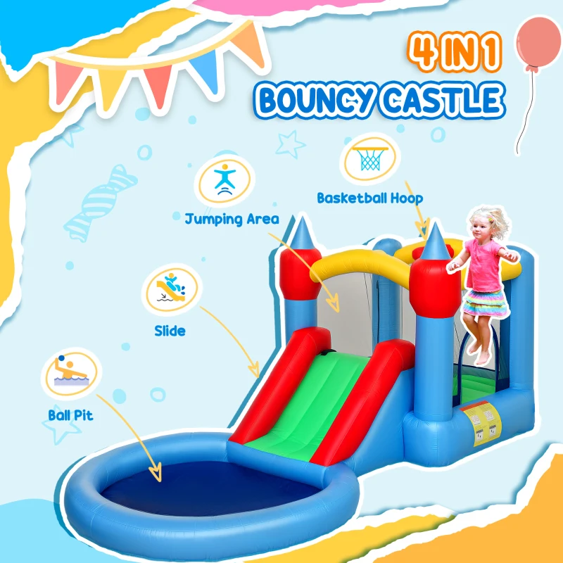 Qaba 4 in 1 Inflatable Bounce House with Slide, Basketball Hoop, Ball Pit, 370W Blower, Storage Bag, 163" x 81" x 75"