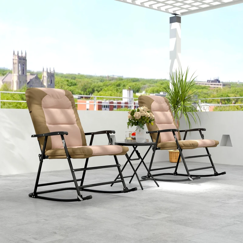 Outsunny 3-Piece Outdoor Foldable Rocking Chair Set, Light Brown