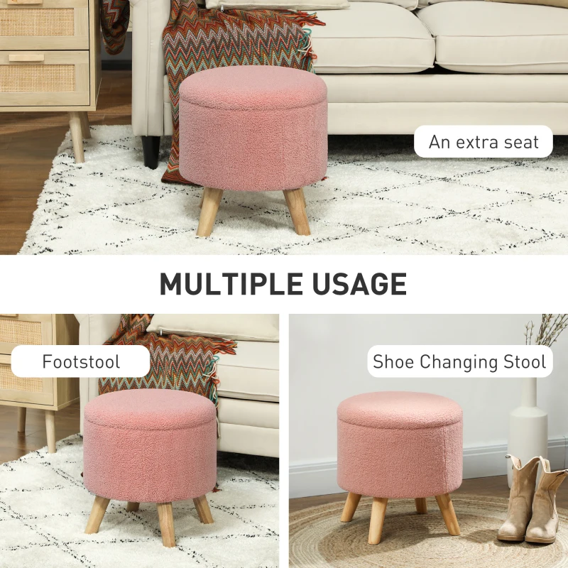 HOMCOM Round Ottoman Stool with Storage, Linen Upholstered Foot Stool with Padded Seat, Hidden Space and Wood Legs, Pink