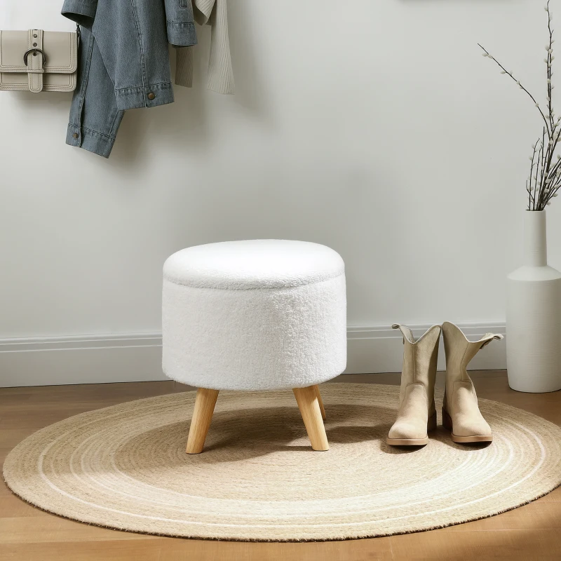 HOMCOM Round Ottoman Stool with Storage, Linen Upholstered Foot Stool with Padded Seat, Hidden Space and Wood Legs, White