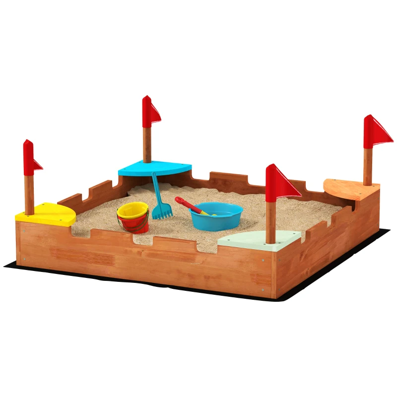 Qaba Kids Wooden Sandbox with Flags, 4 Colorful Built-in Corner Seating, Ground Liner, Gift for Ages 3-7, Wooden Brown