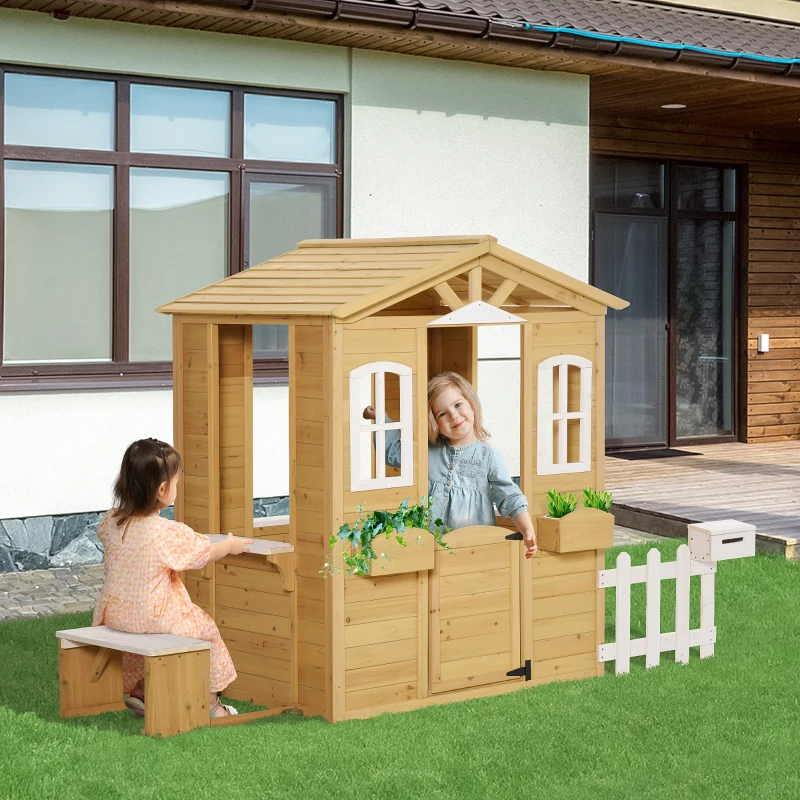 Outsunny Wooden Kids Playhouse with Door Windows Mailbox Flower Pot Holder Serving Station Bench Yellow