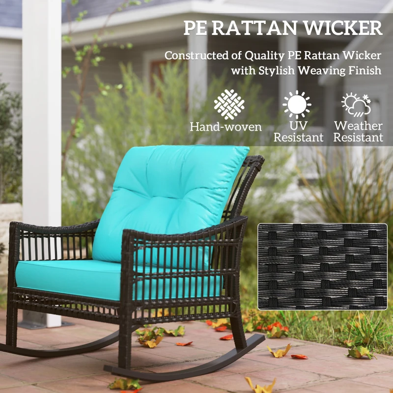 Outsunny 3 Piece Outdoor PE Rattan Rocker Chair Set, Rocking Chair with Tempered Glass Table Top, Turquoise Green