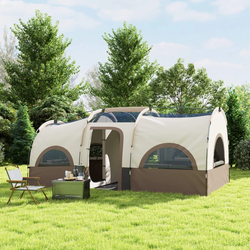 Outsunny 4-6 Person Camping Tent, 3 Room Cabin Tent, 3000mm Waterproof and UPF30+ with Sewn in Groundsheet and Carry Bag, Khaki