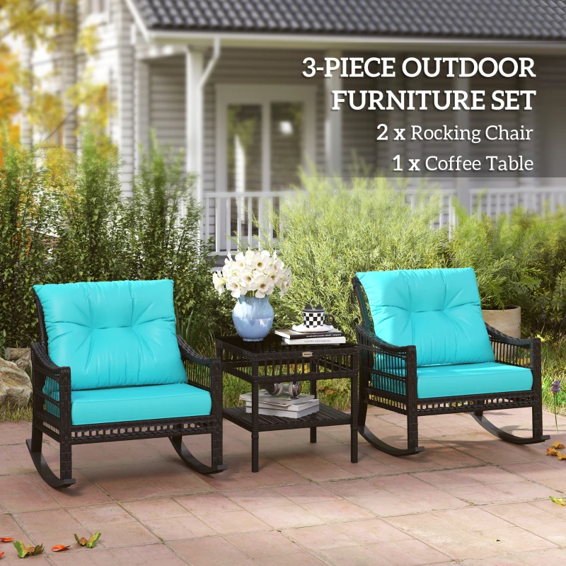 Outsunny 3 Piece Outdoor PE Rattan Rocker Chair Set, Rocking Chair with Tempered Glass Table Top, Turquoise Green