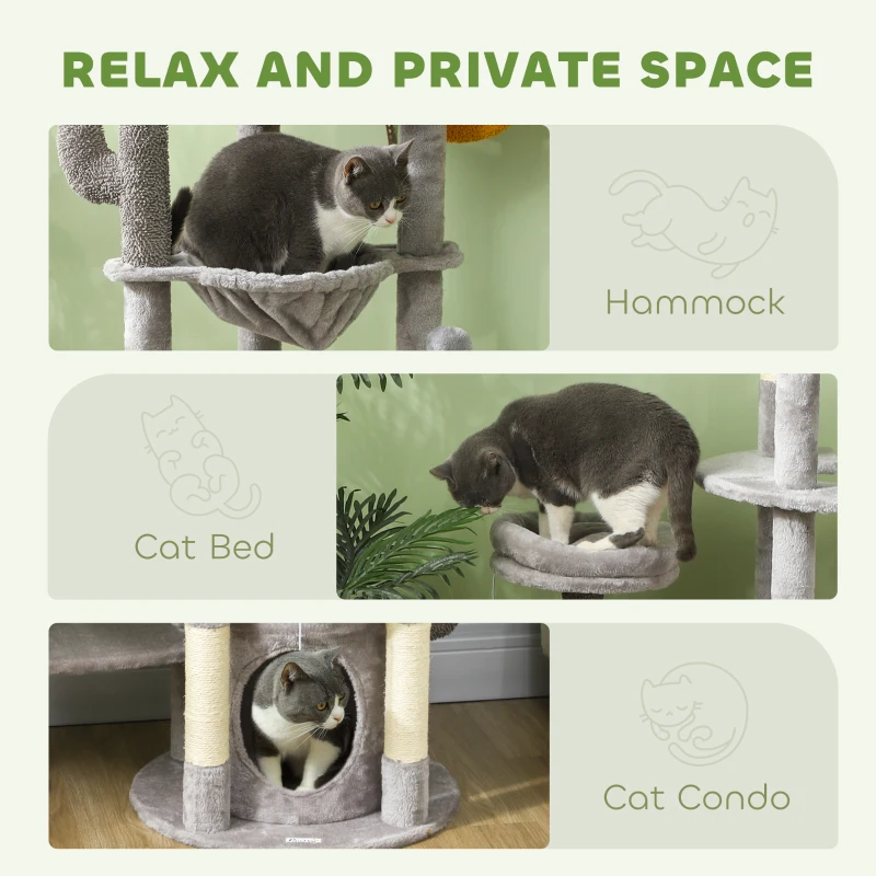 PawHut 71" Cat Tree, Cat Tower with Scratching Posts, Sisal Pad, Cat Condo, Bed, Hammock, Platforms, Toy Balls, Light Grey