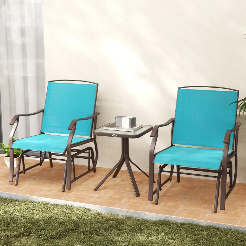 Outsunny 3 Piece Patio Glider Set Outdoor Gliders with Breathable Mesh Seat, Glass Top Table for Garden, Yard, Blue